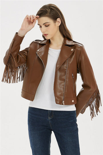 Soft Vegan Leather Jacket with Tassels - SunsetFashionLA